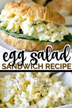 an egg salad sandwich with spinach and feta cheese on it in a white bowl