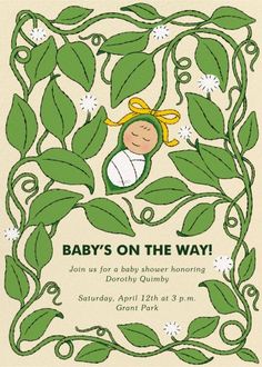 a baby's on the way card with leaves and a girl in a green frame