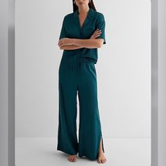 Express Satin Pajama Set Size Sx Elegant Short Sleeve Loungewear Sets, Chic Short Sleeve Sleepwear For Loungewear, Elegant Lounging Sets With Long Pants, Elegant Green Sleepwear, Satin Pajama Set, Satin Set, Satin Pajama, Lounge Outfit, Satin Shorts