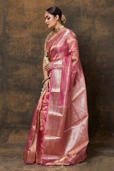 Onion pink saree with floral handwoven motifs on border. Comes with running blouse piece. - Aza Fashions Elegant Pink Handloom Pre-draped Saree, Elegant Pink Pre-draped Saree In Tussar Silk, Pink Slub Silk Pre-draped Saree With Dupatta, Pink Art Silk Pre-draped Saree For Transitional Season, Pink Cotton Silk Pre-draped Saree With Self Design, Pink Tissue Silk Pre-draped Saree With Self Design, Elegant Pink Pre-draped Saree With Zari Weaving, Pink Fitted Banarasi Silk Pre-draped Saree, Transitional Pink Banarasi Silk Pre-draped Saree