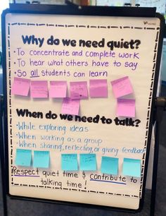 a sign with sticky notes on it that says, why do we need quiet?