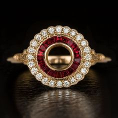 VINTAGE STYLE DIAMOND SCALLOP HALO RUBY ENGAGEMENT RING SETTING ART DECO ROUND Engagement Ring Settings Round, Ruby Engagement Ring Set, Halo Ring Setting, Halo Engagement Ring Sets, Engagement Ring Setting, Ruby Engagement Ring, Ring Setting, Halo Engagement Rings, Art Deco Diamond