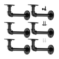 four black metal pipe holders with screws