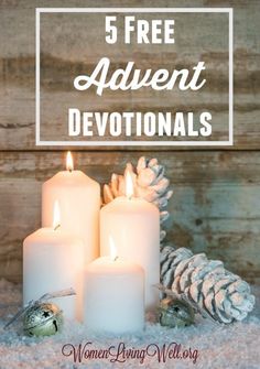 three white candles and pine cones with the words 5 free adult devotanals