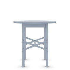 a small round table with cross legs and a wooden top, on a white background