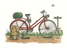 a painting of a red bike parked on the side of a road next to a suitcase