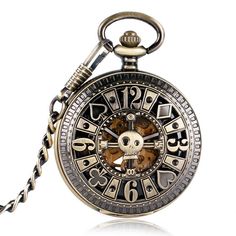 A cool mix of these retro-style designs, the skull and poker symbols come together to create a fun and unique for this classic style pocket watch. Made from bronze-plated stainless steel material, the case is carved and hollowed out to give you a sneak peek. On the inside, the design retains a simple and sleek black watch face with a view of the gear skeleton inside. This product from Innovato design definitely gives you a lot to look at. But the mix of symbols is pulled in together well with the alternating bronze and black gun metal colors. Definitely something worth having, this is one cool, classic, and unique piece.  Product Highlights:   Intricate designs on a bronze-plated stainless steel body  Quartz movement and Hand-winding mechanism  Long bronze chain link included (Length: 12") Mechanical Skull, Skeleton Pocket Watch, Steampunk Pocket Watch, Steampunk Men, Antique Pocket Watch, Vintage Skeleton, Mechanical Pocket Watch, Skeleton Watches, Fob Watch