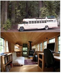 two pictures side by side one shows a bus and the other shows a camper