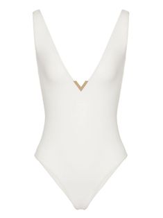 Valentino Garavani logo-plaque V-neck Swimsuit - Farfetch Valentino Clothing, Wedding Guest Looks, City Dress, White Swimsuit, Iconic Bags, Demi Fine Jewelry, Looks Chic, Summer Beach Wear, On Holiday