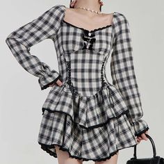 Square Collar Plaid Print Lace Up Dress Long Sleeve Plaid Dress With Ruffle Hem, Plaid Long Sleeve Mini Dress For Day Out, Plaid Long Sleeve Dress For Day Out, Spring Summer Autumn Winter, Lace Up Dress, Plaid Print, Autumn Winter, Ukraine, Spring Summer