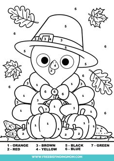 a coloring page with an image of a turkey wearing a pilgrim hat and holding leaves