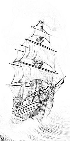 a black and white drawing of a ship in the ocean