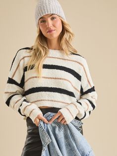 The teddy striped sweater is a cozy blend of soft fabric and playful patterns, perfect for chilly days. The stripes add an trendy touch, making it a stylish staple for any casual wardrobe. Altar'd State, Christmas Dress, Striped Sweater, Casual Wardrobe, Stripe Sweater, Soft Fabric, Sweater Outfits, Sweater Top, Soft Fabrics