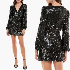 Size: Small Bust: 32-34 In. Waist: 26 In. Size Info True To Size. Xs=0, S=2-4, M=6-8, L=10, Xl=12. Details & Care Shimmer More Brilliantly Than A Disco Ball In This Dance-Ready Faux-Wrap Minidress Dazzlingly Embellished With Sparkling Sequins And Framed By Long Sleeves. Back Zip Closure Surplice V-Neck Long Sleeves Lined 95% Polyester, 5% Spandex Hand Wash, Dry Flat Imported Item #10042685 Black Dresses For Fall Holiday Party, Black Sequined Dresses For Fall, Glamorous Black Dress For Fall, Black V-neck Dress For Holiday Party, Daisy Print Dress, Lace Up Bodycon Dress, Ruffle Long Sleeve Dress, Carrie Dress, Cocktail Mini Dress