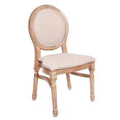 a wooden chair with a beige upholstered back and seat cushion on the side