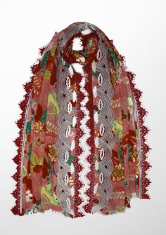 This flamboyant red crane print scarf is crafted from a soft and luxurious blend of wool and silk. A masterpiece elevated by a cloud embroidery panel on one side and delicate dual-colored red and grey filigree lace on the long sides. This scarf effortlessly adds a pop to any ensemble. It's the perfect accessory for a day out. Red And Grey, Scarf Print, Silk Scarf, Neck Tie, Unique Designs, Silk, Wool, Embroidery, Grey