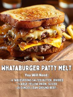 an advertisement for a burger patty melt with cheese and onions on a piece of brown paper