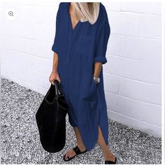 Zanzea Fashion Autumn Lapel Neck Long Shirt Dress Women Long Sleeve Buttons Cotton Sundress Casual Loose Work Color Navy New Condition!!! Shirt Dress Fall, Side Split Dress, Linen Sundress, Sukienki Plus Size, Split Long Dress, Spring Dresses Women, Casual White Dress, Estilo Chic, Split Dress