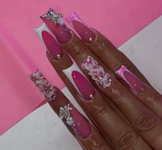 Long Girly Acrylic Nails, Pink Coffin Birthday Nails, Long Acrylic Nail Designs Baddie, Coffin French Tips Nails, Baddie Acrylic Nails Long, Coffin French Tips, Pink Bling Nails, French Tips Nails, Coffin French