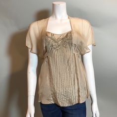 100% Silk, Beaded In The Front, Ties In The Back, Size Xs Spring Gold Silk Top, Gold Silk Top For Spring, Gold Silk Tops For Spring, Chic Embellished Silk Top, Formal Beaded Tops For Summer, Gold Silk Evening Top, Gold Silk Top For Evening, Elegant Embellished Short Sleeve Blouse, Elegant Short Sleeve Embellished Blouse