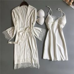 White V-neck Lace Lady Nightgown Robe Set Sleepwear Women Pajamas, Nightgown Robe, Silk Dressing Gown, Satin Sleepwear, Pajama Dress, Wedding Robe, Silk Pajama Set, Flannel Women, Casual Home