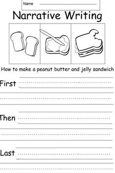 a worksheet for writing the name narrative writing, with pictures of bread and jelly sandwiches