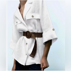 New With Tags! Crisp White Linen Shirt With Brown Woven Belt And Chic Turned Up Cuffs. 100% Linen Detachable Belt Button Front Pockets White Beach Shirt For Fall, White Shirt For Beach, Fall Season, Chic White Shirt For Vacation, Chic White Vacation Shirt, White Shirt For Fall Day Out, Trendy White Zara Shirt, Chic White Zara Shirt, White Relaxed Fit Blouse From Zara, Chic White Shirt For Day Out