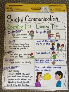 a bulletin board with instructions on social communication for students to use in the classroom, including speaking tips