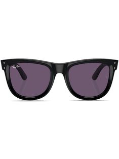 black acetate matte finish silver-tone logo lettering purple tinted lenses square frame straight arms curved tips These glasses come with a protective case. Wayfarer Sunglasses With Uv Protection For Streetwear, Anti-reflective Wayfarer Sunglasses For Streetwear, Wayfarer Sunglasses With Gradient Lenses For Streetwear, Matte Black Polarized Sunglasses For Streetwear, Black Wayfarer Sunglasses For Streetwear, Wayfarer Shield Sunglasses With Tinted Lenses, Wayfarer Shield Sunglasses With Uv Protection, Sleek Wayfarer Sunglasses With Tinted Lenses, Classic Purple Tinted Sunglasses