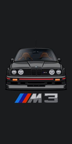 the front end of a black bmw car with an e34 logo on it's side