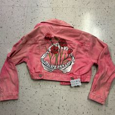 Coral,Pink Cropped Denim Jacket, Painted Shark Skull With Red Roses On Back Shark Skull, Denim Jacket Painted, Hand Painted Denim, Hand Painted Denim Jacket, Painted Denim Jacket, Painted Jacket, Painted Denim, Cropped Denim Jacket, Cropped Denim