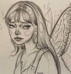 a pencil drawing of a girl with butterfly wings on her head and the words fairy written in