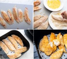 four pictures showing different stages of chicken being cooked in pans and then fried with breadcrumbs