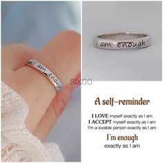 A Self Reminder I am Enough Ring - Affirmation Ring - Encouragement Gift For Women- Gift For Daughter- Best Friend Gift - Back To School Gift - Birthday Gift For Her - Unique Gift - Self Love Ring - Unique Gift -Inspirational Ring  Wear the 'I Am Enough' Ring to increase self-confidence and to be reminded that we are enough in this world for the people in our lives who truly matter. ...or give this ring as a gift to a loved one today to make them feel better, increase their confidence and remind Self Love Ring, Encouragement Gift, I Am Enough, Encouragement Gifts, Self Reminder, Free Boxes, School Gift, Best Friend Gift, Back To School Gifts