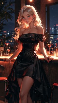 a woman in a black dress sitting at a bar