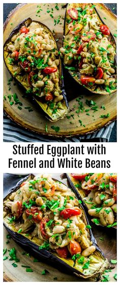 stuffed eggplant with fennel and white beans on a wooden platter for serving