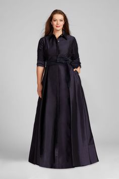 Color_Navy Shirt Gown, Holiday Party Tops, Gown Gold, Teri Jon, Black Tie Affair, Full Length Skirts, Sash Belt, Organza Fabric, Evening Formal