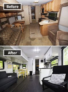 before and after photos of a mobile home kitchen, living room and dining area with couches