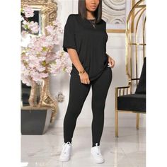 -Item Id 28235105.Html?Mallcode=1&Zeedropid=1638124 -Color: Black -Style: Casual -Pattern Type: Plain -Pants & Tops Length: Long -Tops Sleeve Length: Sleeveless -Neckline: Round Neck -Top Type: Tee -Bottom Type: Leggings -Pants & Tops Material: Knitted Fabric -Pants & Tops Composition: 95% Polyester, 5% Elastane -Sleeve Type: Drop Shoulder -Fit Type: Loose -Fabric: Slight Stretch -Care Instructions: Machine Wash, Do Not Dry Clean -Sheer: No **Open To Offers!!!** **Bundle To Save More** **30% Off Stretch Solid Color Short Sleeve Set, Casual Stretch Plain Sets, Casual Plain Stretch Sets, Casual Short Sleeve Sets, Casual Short Sleeve Plain Sets, Casual Plain Short Sleeve Sets, Solid Color Stretch Sets With Crew Neck, Solid Color Stretch Crew Neck Sets, Black Short Sleeve Activewear For Loungewear