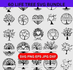 the tree svg bundle is shown in black and white, with different types of trees