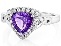 1.21ct Trillion African Amethyst With 0.42ctw Round White Zircon Rhodium Over Sterling Silver Ring. Measures Approximately 0.49"L x 0.48"W. Not sizeable. Accent stones primarily zircon. Gia Certified Purple Diamond Jewelry, Gia Certified Purple Jewelry For Anniversary, Gia Certified Purple Jewelry For Anniversaries, Sterling Silver Ring, Silver Ring, Sterling Silver Rings, Amethyst, Silver Rings, Sterling Silver