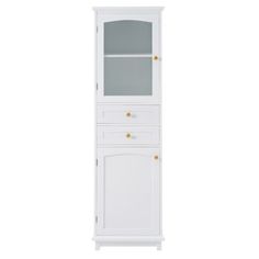 a tall white cabinet with glass doors and drawers on the bottom shelf, in front of a