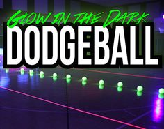 glow in the dark dodgeball game with neon lights and balls on the floor,