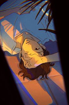 an animated image of a woman laying on the ground with her head under a blanket