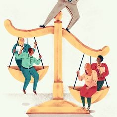 three people are sitting on swings in the shape of an hour scale