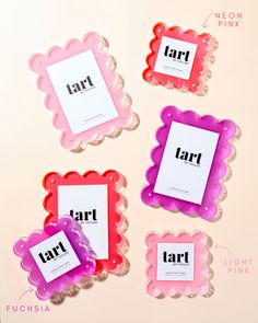 four pink and purple frames with the word tart on them