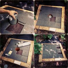 four pictures showing how to build a diy outdoor fire pit in the ground with wood and cement