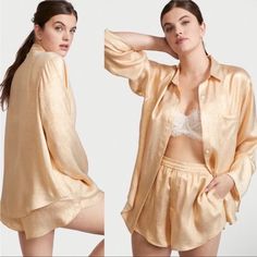 Victoria's Secret Satin Long-Sleeve Short Pajama Set Gold Foil Small New Condition: New In Package Size: Small Color: Gold Foil For A Full Eight Hours (Or More). A Sleep-Ready Pj Set In Luxe Satin, With A Button Front And Notch Collar. Easy Fit Short-Sleeve, Button-Front Top Hits At Hips Chest Pocket Machine Wash Imported Sl057 Summer Sleepover Long Sleeve Sets, Long Sleeve Lounging Sets For Summer, Feminine Long Sleeve Summer Sleepwear, Feminine Long Sleeve Sets For Daywear, Feminine Long Sleeve Bedtime Sets, Feminine Long Sleeve Sleepwear Set, Feminine Long Sleeve Lounging Sets, Feminine Long Sleeve Sleep Sets, Long Sleeve Blouse For Pajama Party