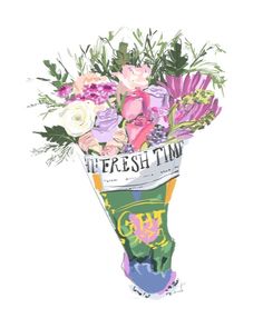 a bunch of flowers that are sitting in a vase on a white background with the words fresh time printed on it