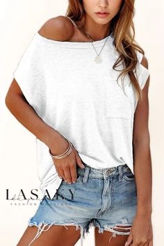 Lasaky - Casual Open-Shoulder Short-Sleeve T-Shirt with Convenient Pocket Oversized Off-shoulder Summer Tops, Oversized Off-shoulder Tops For Summer, Oversized Off-shoulder Cotton Top, Cotton Off-shoulder Tops With Relaxed Fit, Relaxed Fit Off-shoulder Cotton Tops, Cotton Off-shoulder Top With Relaxed Fit, White Oversized Sleeveless Top, Oversized White Sleeveless Top, White Tshirt Women